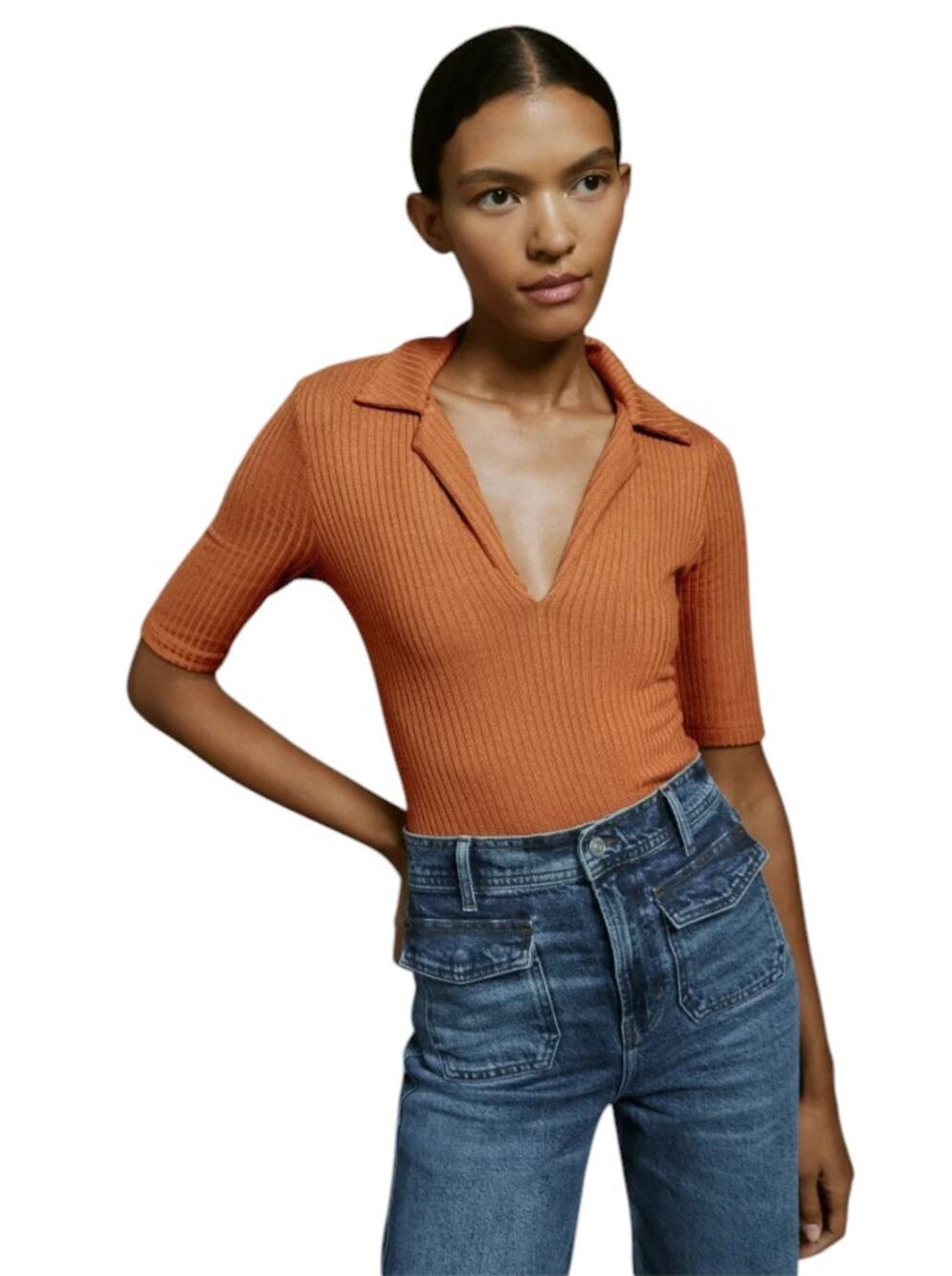 Reformation Orange Thomas Ribbed Deep V Half Sleeve Top